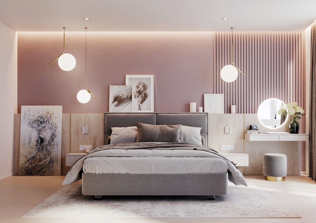 dormitorio gris y rosa