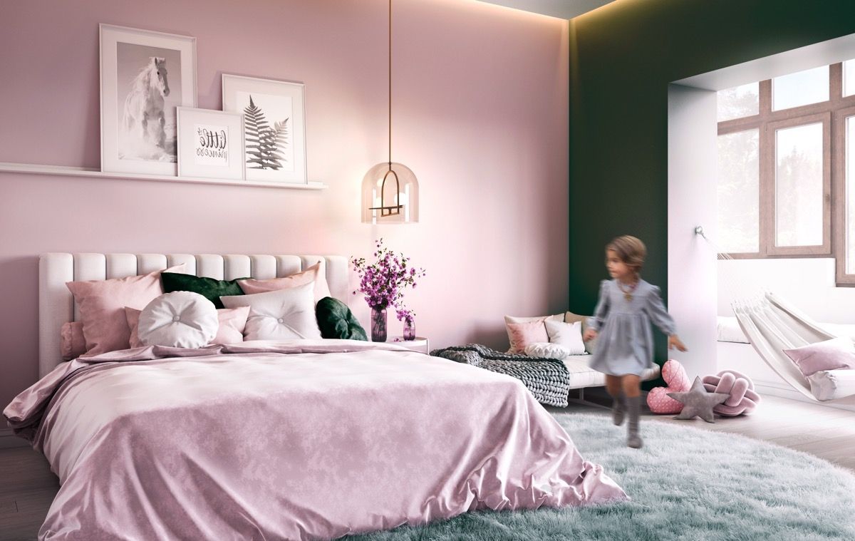 dormitorio rosa caramelo y verde