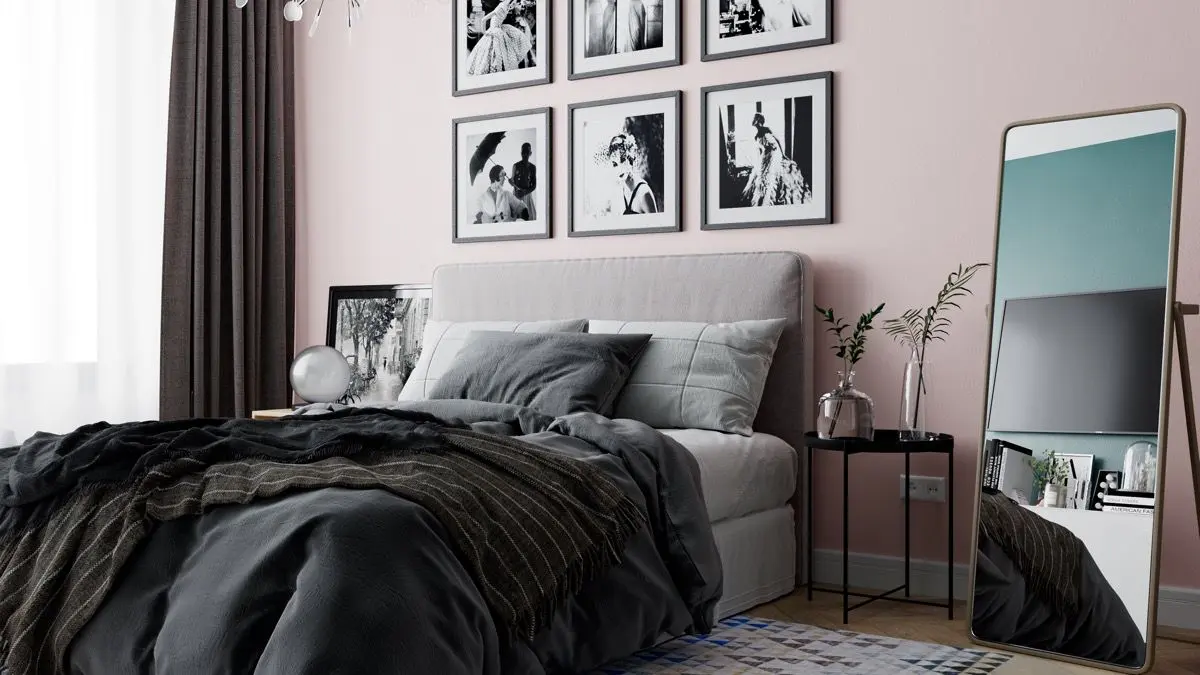 dormitorio rosa claro y gris