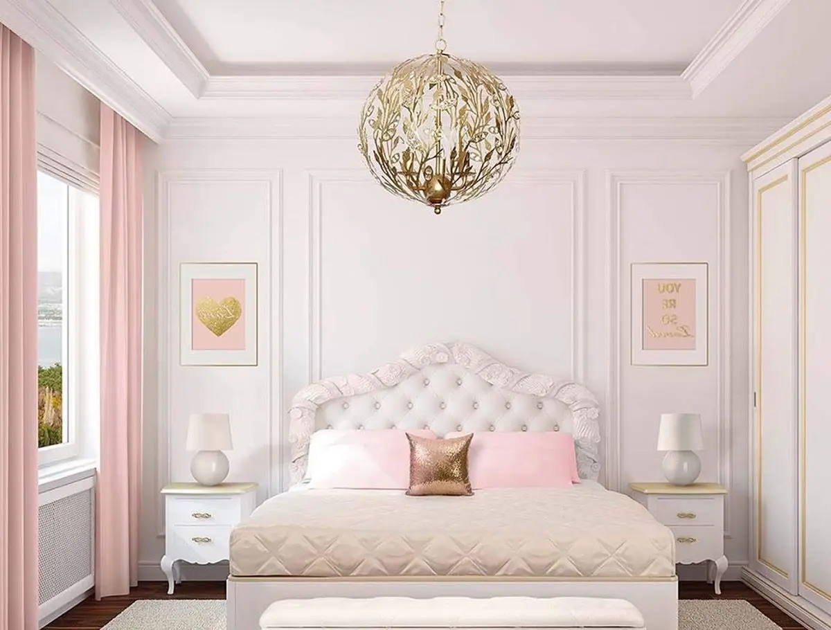 dormitorio rosa y dorado