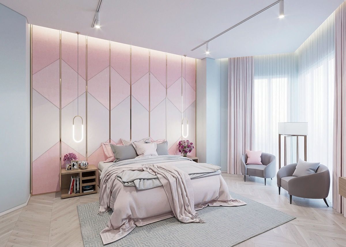 dormitorio rosa y metalizado