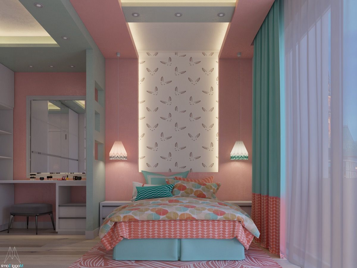 dormitorio rosa y turquesa