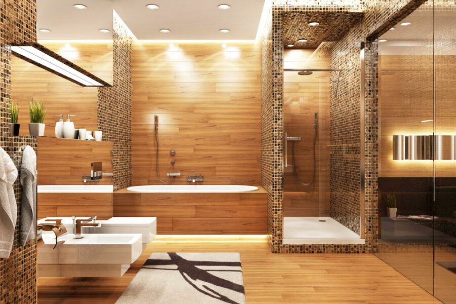 Idea de azulejos de ducha de madera y mosaico